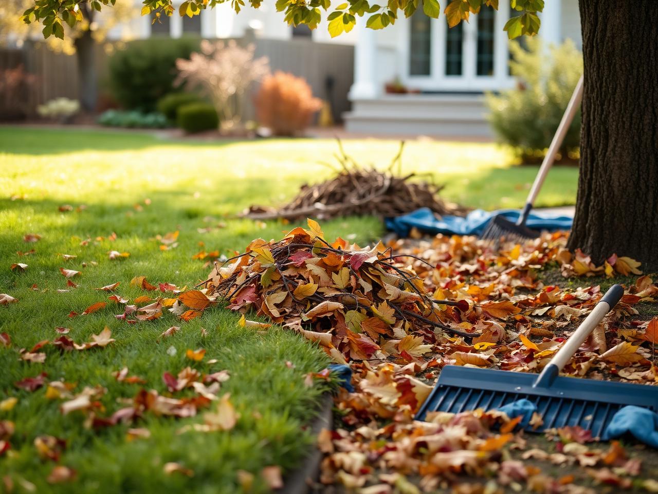 Seasonal yard cleanup with leaves, branches and sticks raked and cleared