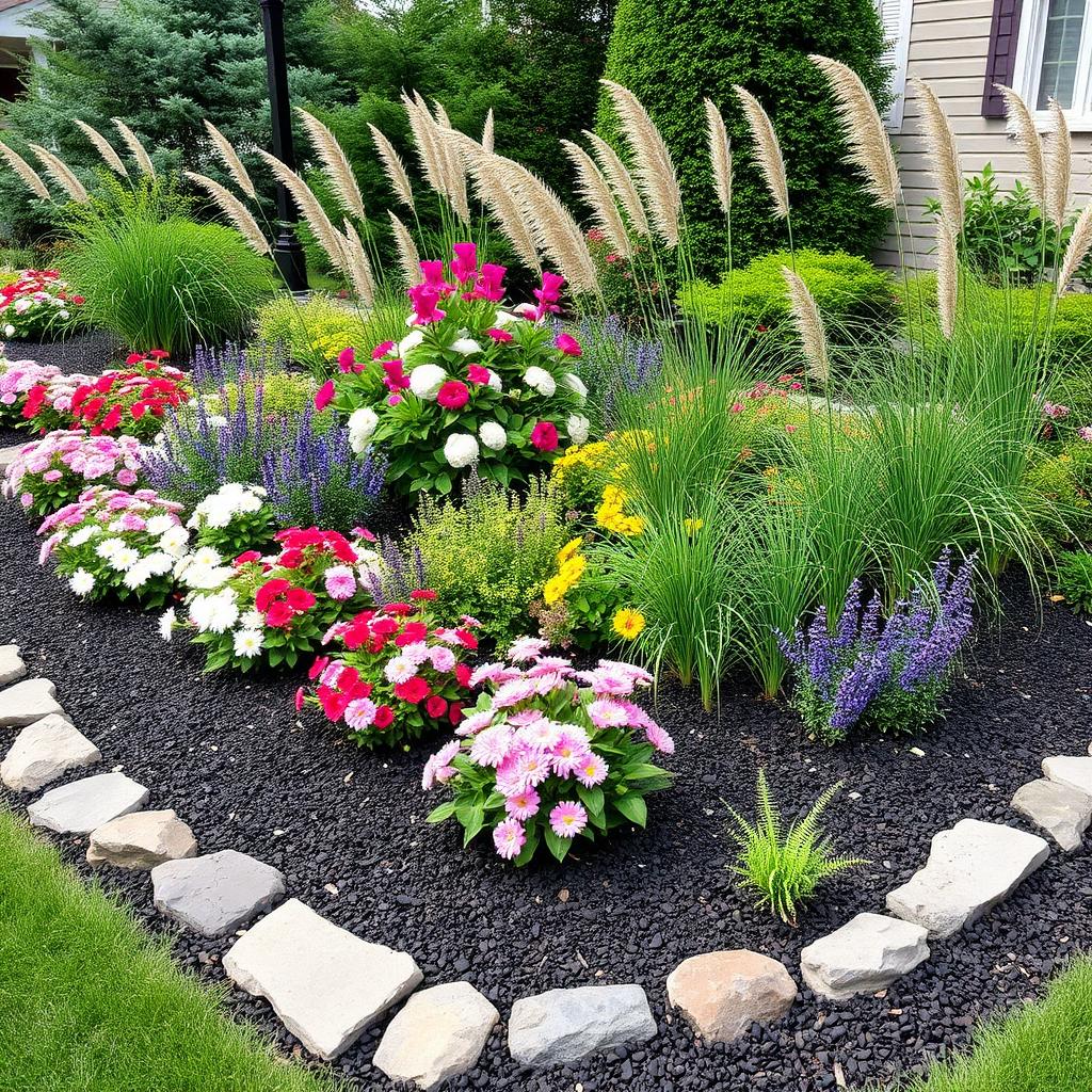 Garden bed with flowering perennials, ornamental grasses and stone border