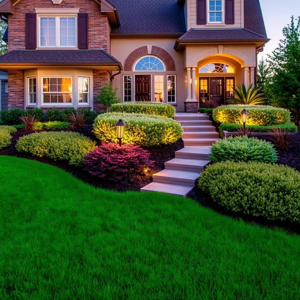 Landscaped residential property with layered shrubs and a green lawn