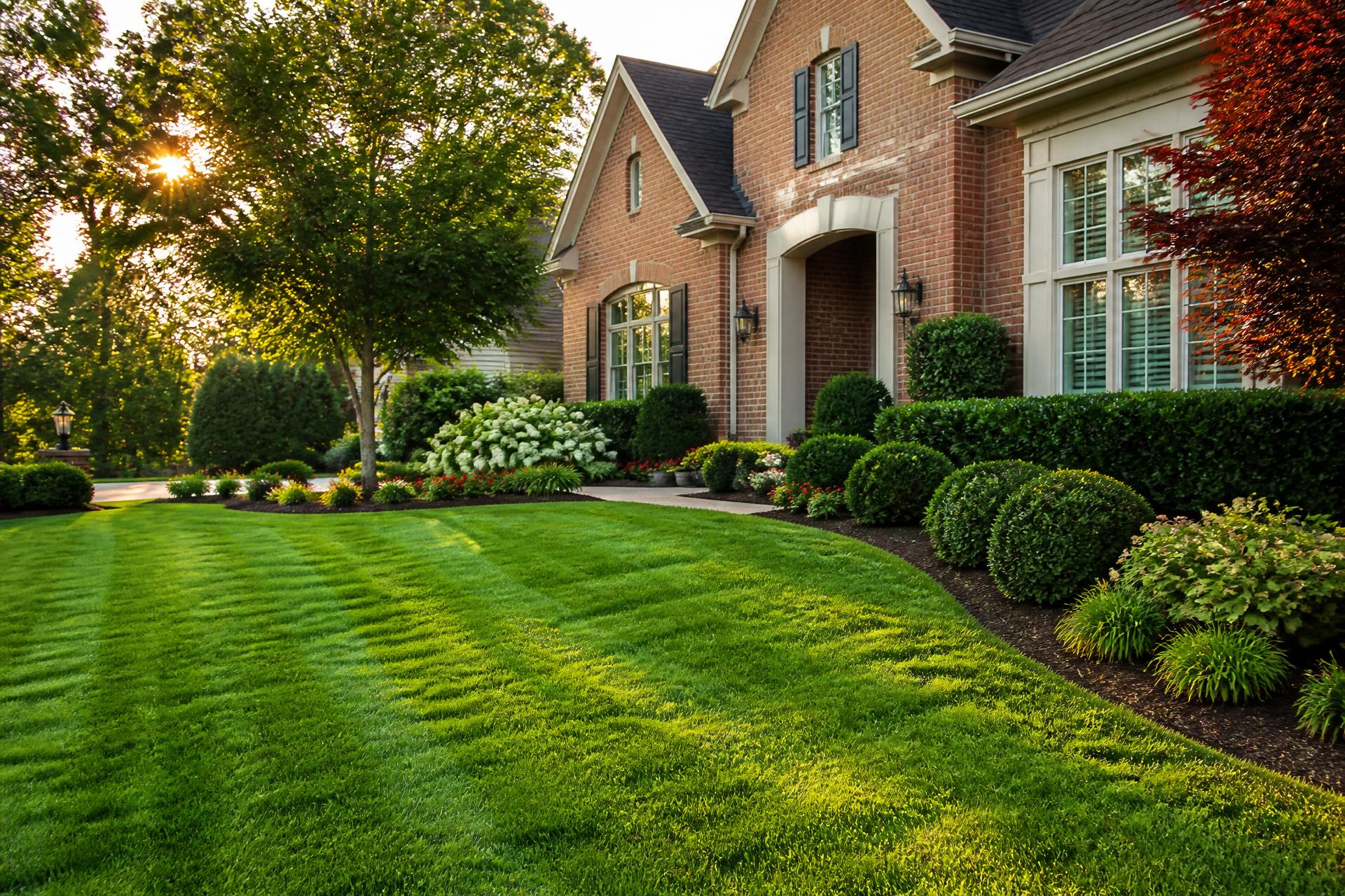 Professionally maintained residential landscaping with a manicured lawn and trimmed shrubs